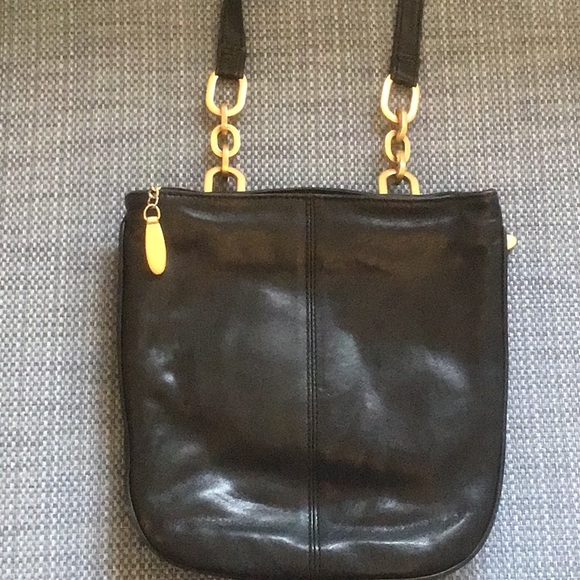 Black leather handbag, double sections. Gold colored hatdware - Picture 3 of 5